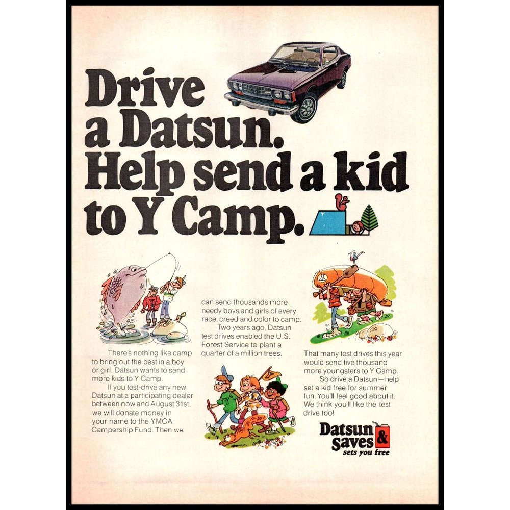 1974 Datsun Coupe Vintage Print Ad Kids Camp Charity Fishing Canoe Cartoon Art